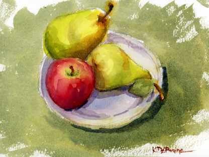A red apple and two pears in watercolor